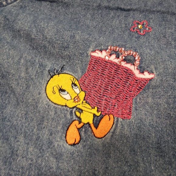 Warner Brothers Studio Denim Tweety Embroidered Button Down Large Shirt - Picture 3 of 9